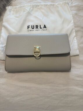 Furla Light Gray Leather Wallet with Gold Buckle